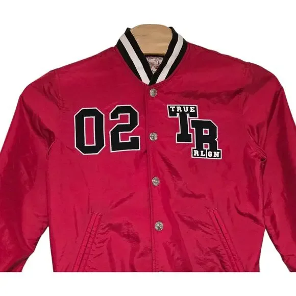 True Religion Bomber Snap Button Varsity Jacket Black Red Size Medium EUC - Picture 3 of 11